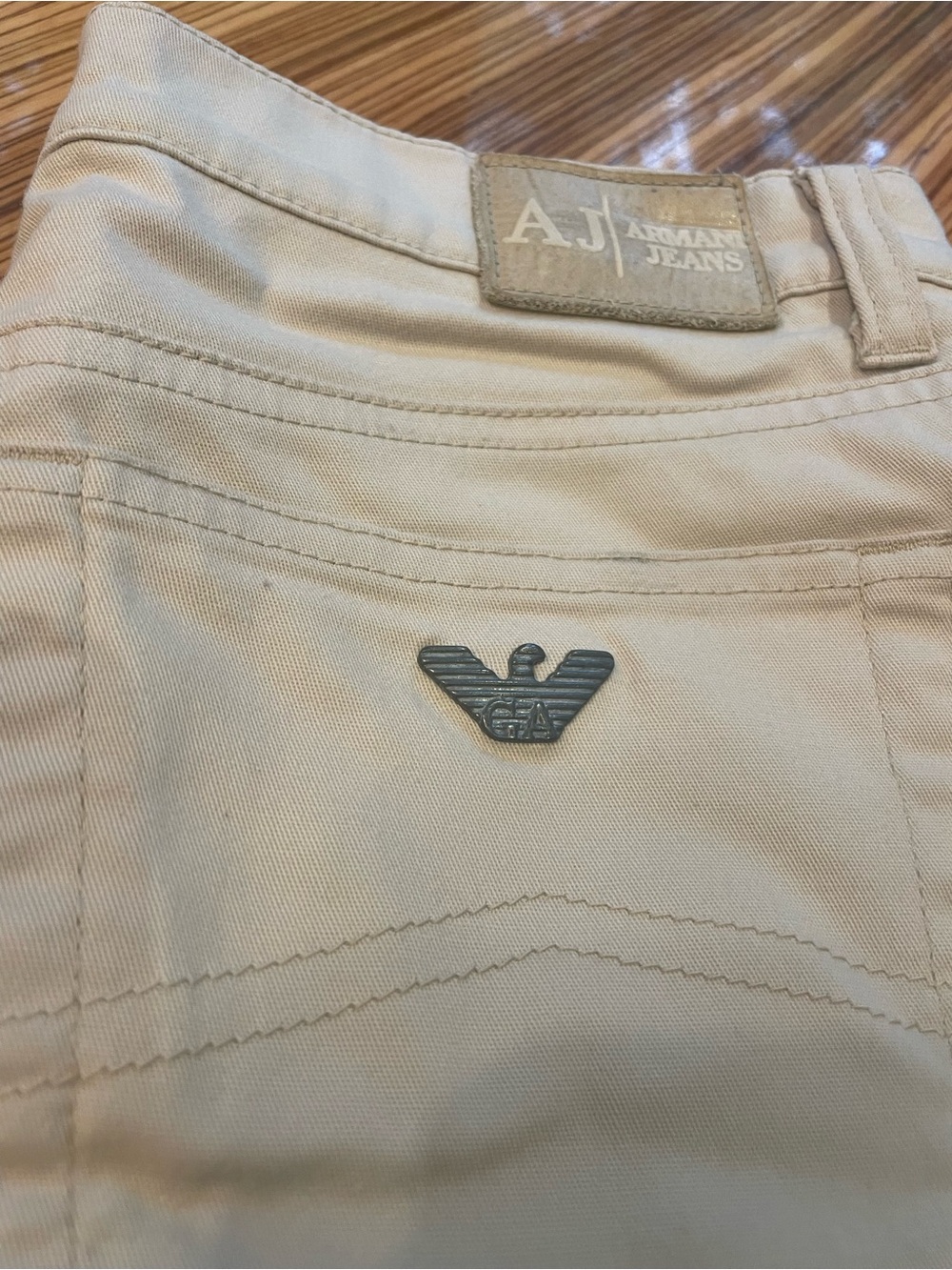 Armani Jeans Straight Leg Pants in Cream with Metal Eagle Logo